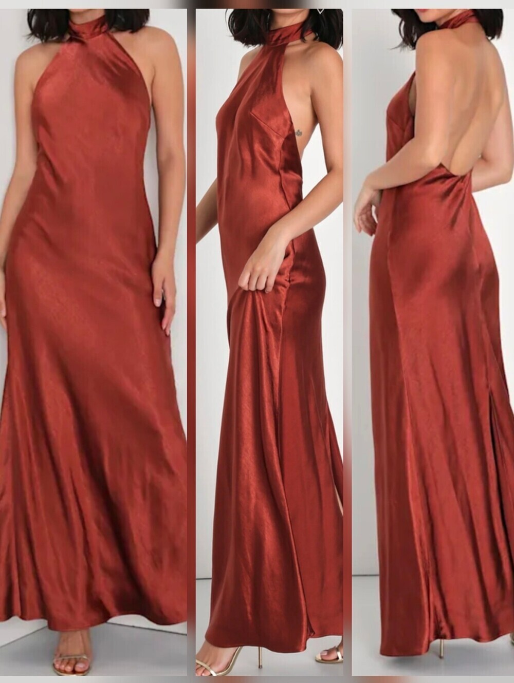 Lulus Love in Your Life Rust Brown Backless Satin Halter Maxi Dress- Large -NWT